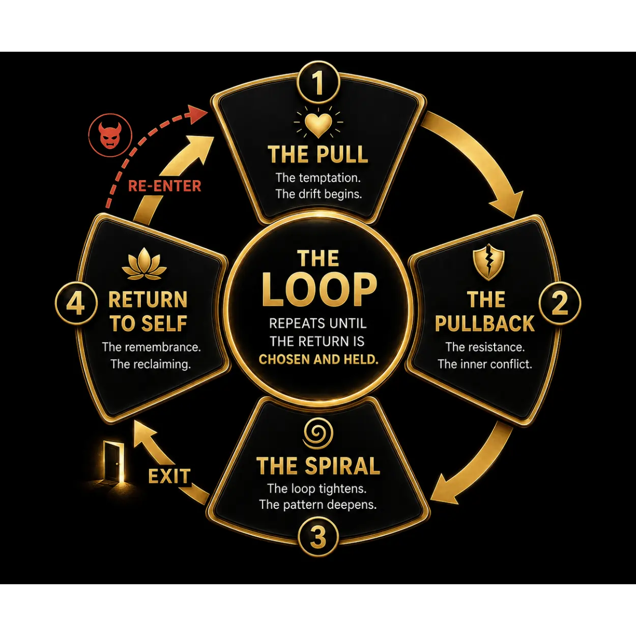 The Anxious Loop — the 4-stage anxious-avoidant relationship cycle: 1 The Pull, 2 The Pullback, 3 The Spiral, 4 Return to Self, with the exit door and the re-enter relapse arrow